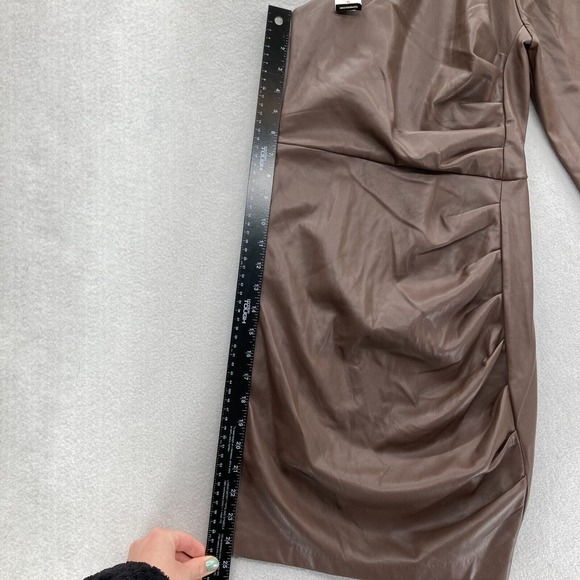 Express Brown Faux Leather One Shoulder Bodycon Dress XS Long Sleeve Party NWT - Picture 8 of 14